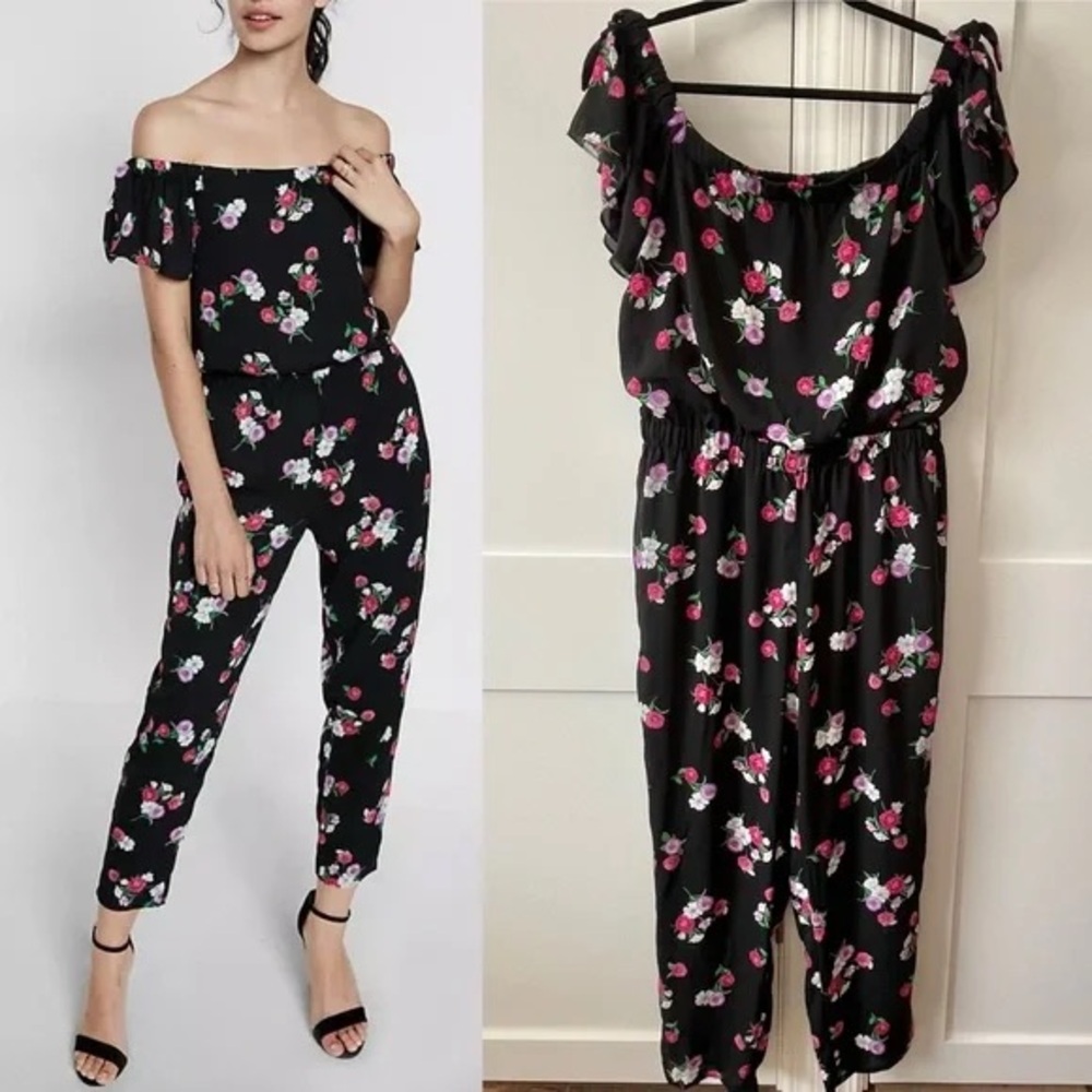 Express Black Floral Off-Shoulder Jumpsuit